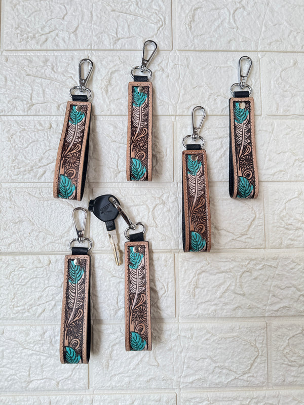 Wholesale New Arrival Key Chain Hand Tooled Leather Keychain Real Genuine Leather Wrist Turquoise Color Fashionable Keyrings