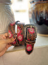 New Designer Handmade Belts Hand Tooled Leather Belts Boho Vintage Pink Colour Flower Print Trendy Stylish Western Leather Belts