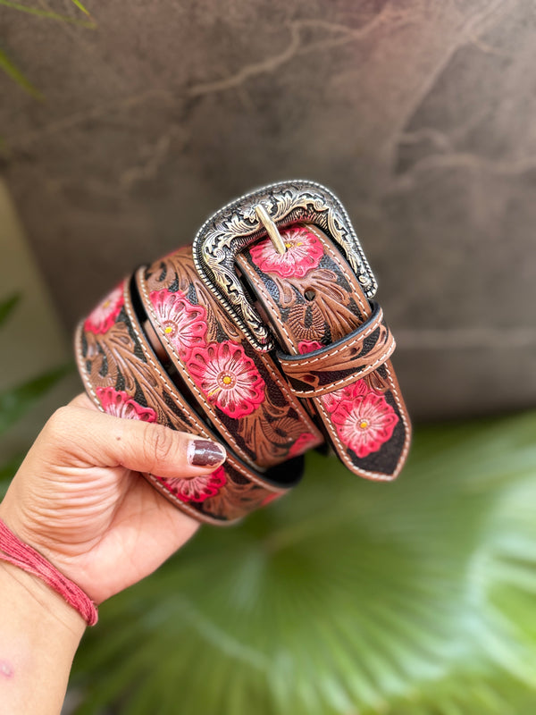 New Designer Handmade Belts Hand Tooled Leather Belts Boho Vintage Pink Colour Flower Print Trendy Stylish Western Leather Belts