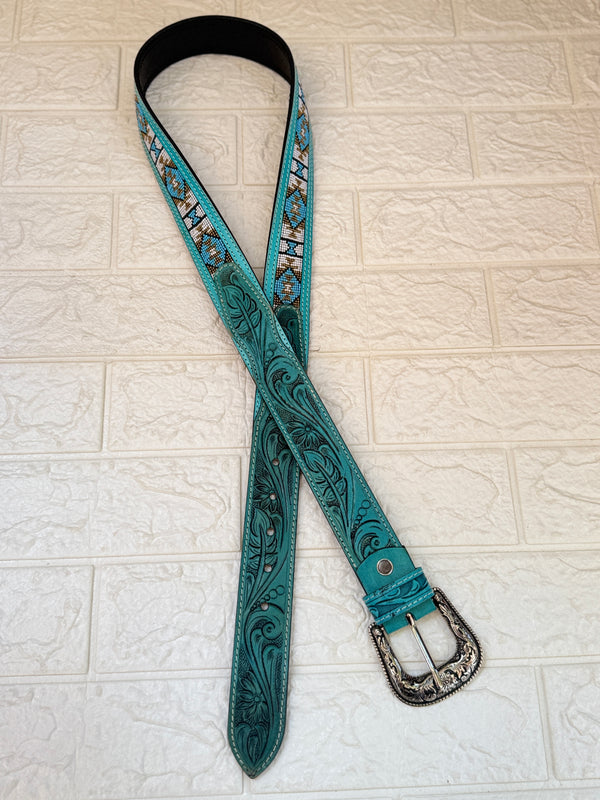 Hot Selling Custom Logo High Quality Hand Tooled Leather Beaded Belts Genuine Leather Luxury Designer Pin Buckle Belts