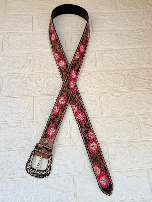 New Designer Handmade Belts Hand Tooled Leather Belts Boho Vintage Pink Colour Flower Print Trendy Stylish Western Leather Belts