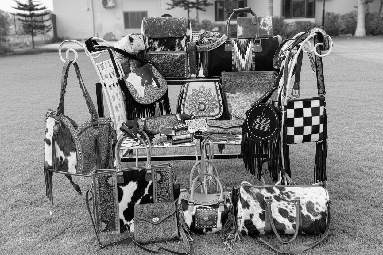 Collection of handbags with unique designs on a grassy area