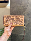 Wholesale Tooled Leather Hot Sale Carving Hand Tooled Wallet Clutch Phone Case Brown Colour Wristlet Wallet Women's Multi Uses