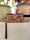Wholesale Tooled Leather Hot Sale Carving Hand Tooled Wallet Clutch Phone Case Brown Colour Wristlet Wallet Women's Multi Uses
