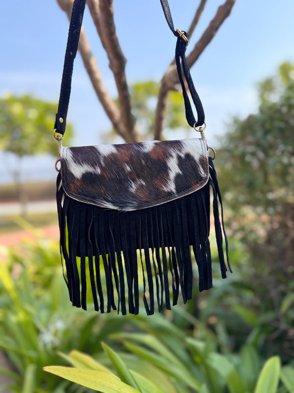 Suede Leather Fringe Handbag Hair on Hide Leather Sling Bag