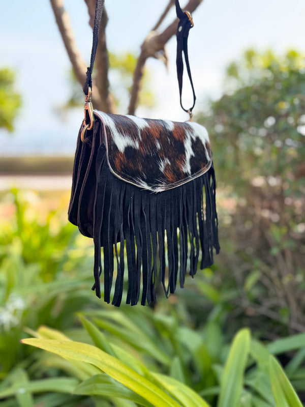 Suede Leather Fringe Handbag Hair on Hide Leather Sling Bag