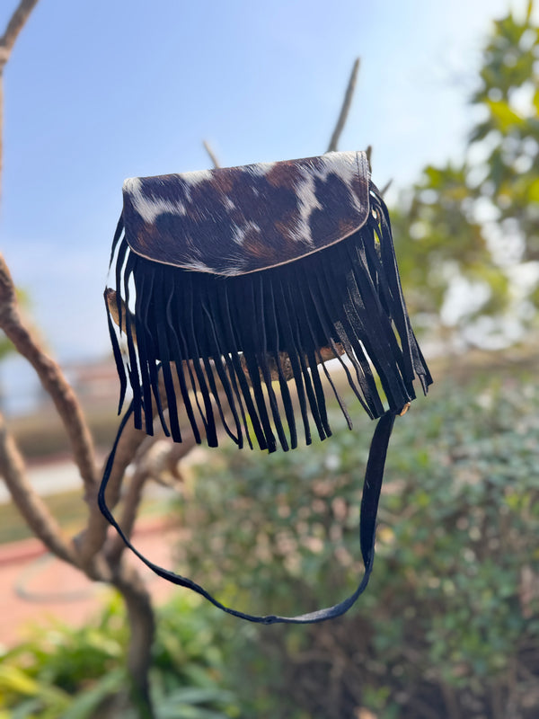 Suede Leather Fringe Handbag Hair on Hide Leather Sling Bag