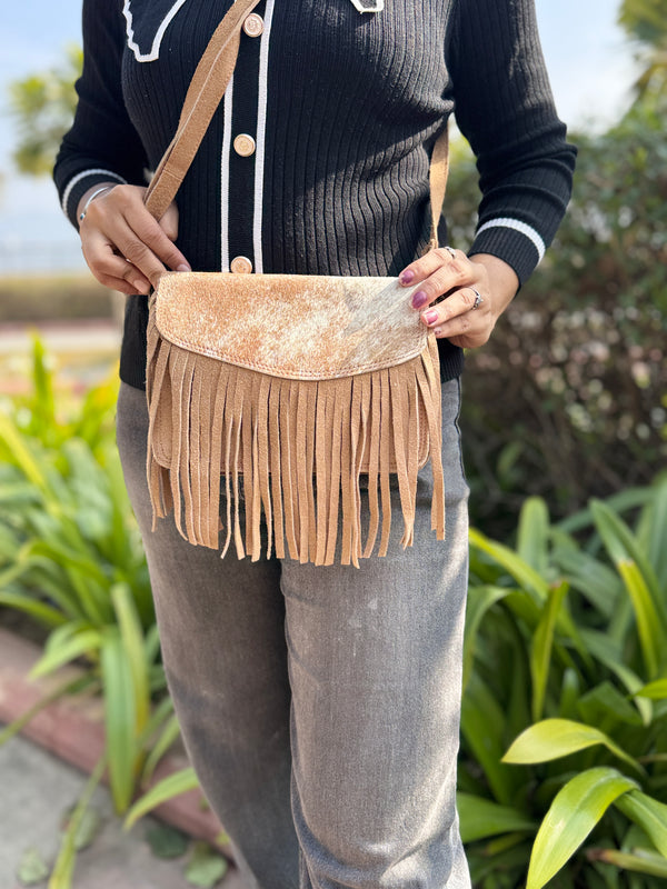 Suede Leather Fringe Handbag Hair on Hide Leather Sling Bag