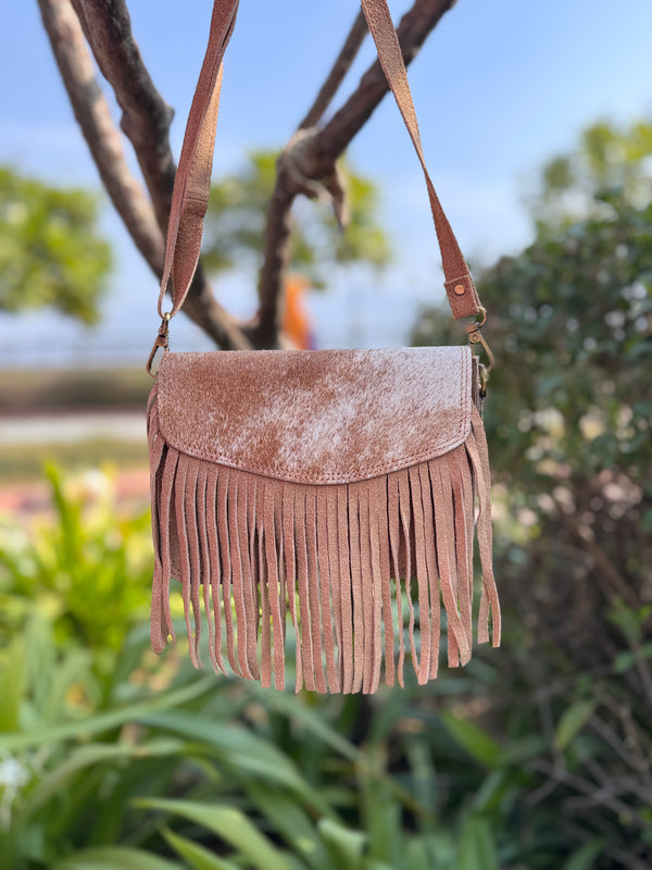 Suede Leather Fringe Handbag Hair on Hide Leather Sling Bag