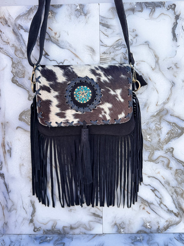 Women's Handbag Suede Leather Fringe Hair on Hide Cross Body Bag