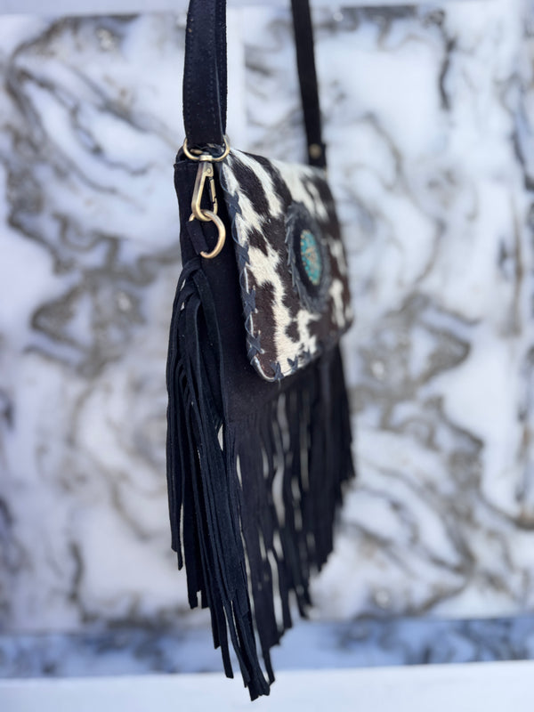 Women's Handbag Suede Leather Fringe Hair on Hide Cross Body Bag