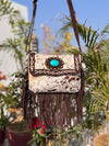 Cowhide Leather Fringe Handbag Turquoise Stone Sling Bag Bohemian Tassel Fringe Bag