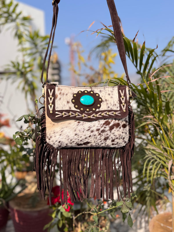 Cowhide Leather Fringe Handbag Turquoise Stone Sling Bag Bohemian Tassel Fringe Bag