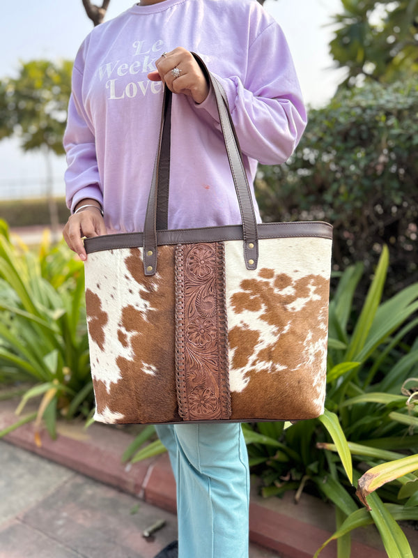 Hand Tooled Carving Handbag Tote Bag Real Cowhide Fur Leather Bag