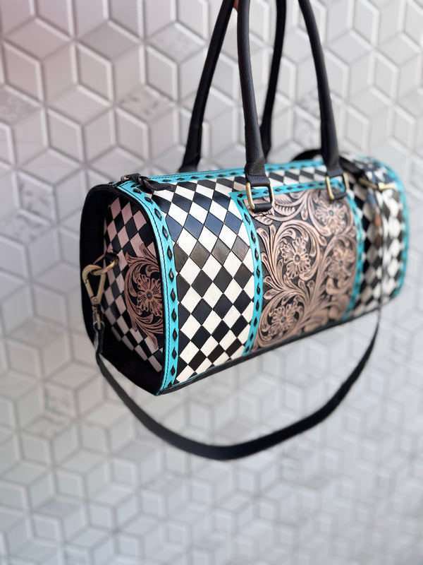 Hand Tooled Leather Luggage Bags Checkers Pattern Handmade Bag Unisex Travel Bag Big Size Handbag