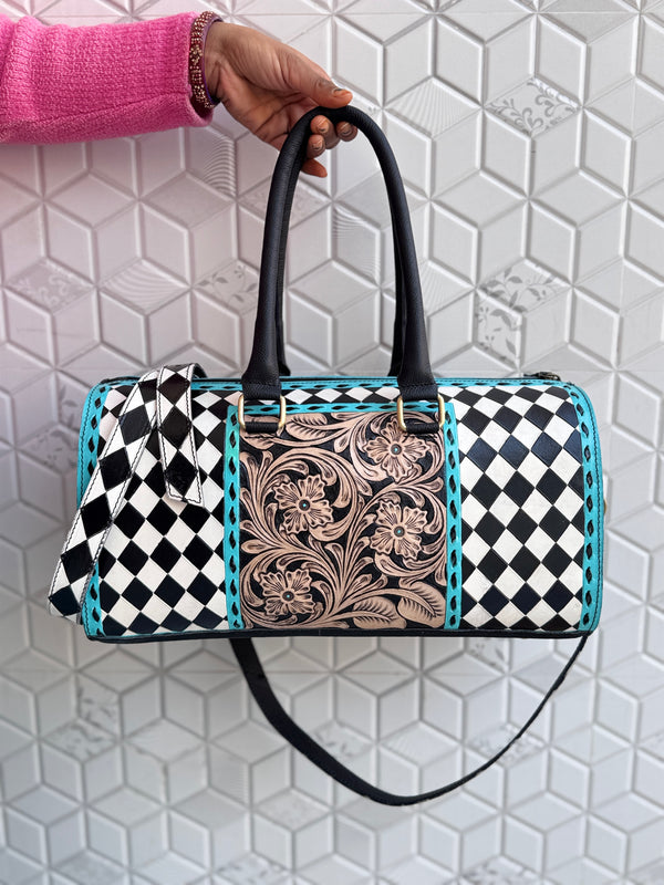 Hand Tooled Leather Luggage Bags Checkers Pattern Handmade Bag Unisex Travel Bag Big Size Handbag