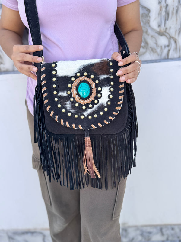 Cowhide Fur Leather Handbag Sling Bag Bohemian Fringe Bags Stylish Purse
