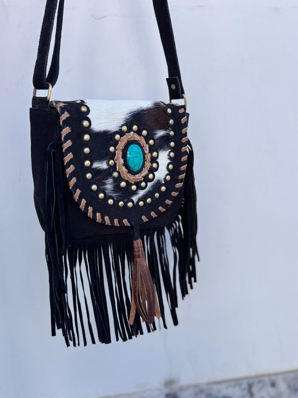 Cowhide Fur Leather Handbag Sling Bag Bohemian Fringe Bags Stylish Purse