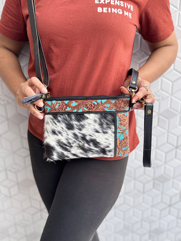Cowhide Leather Handbag Carving Hand Tooled Leather Tassel Boho Unique Design Sling Bag for Women