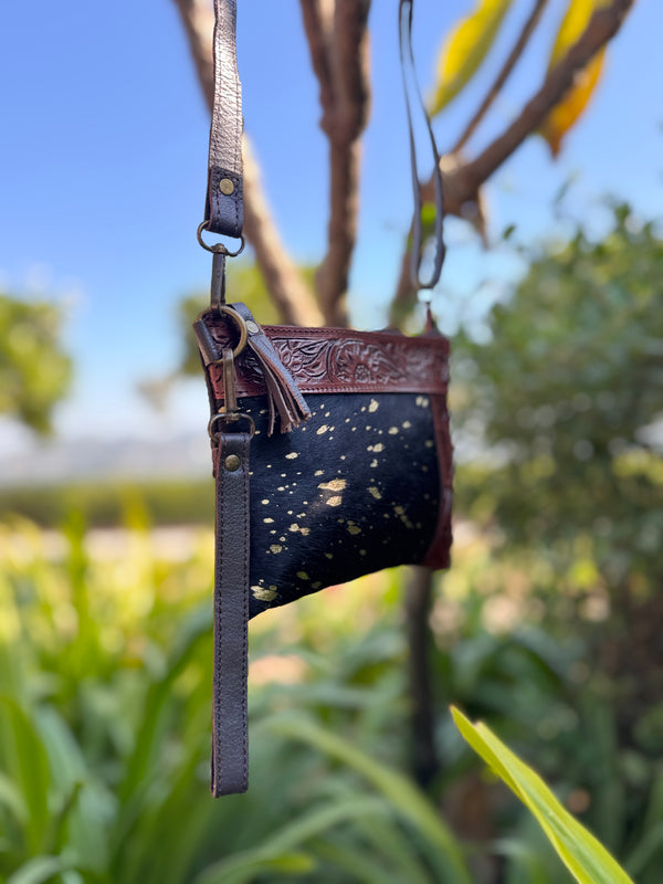 Cowhide Metallic Leather Handbag Carving Hand Tooled Leather Handmade Tassel Boho Sling Bag