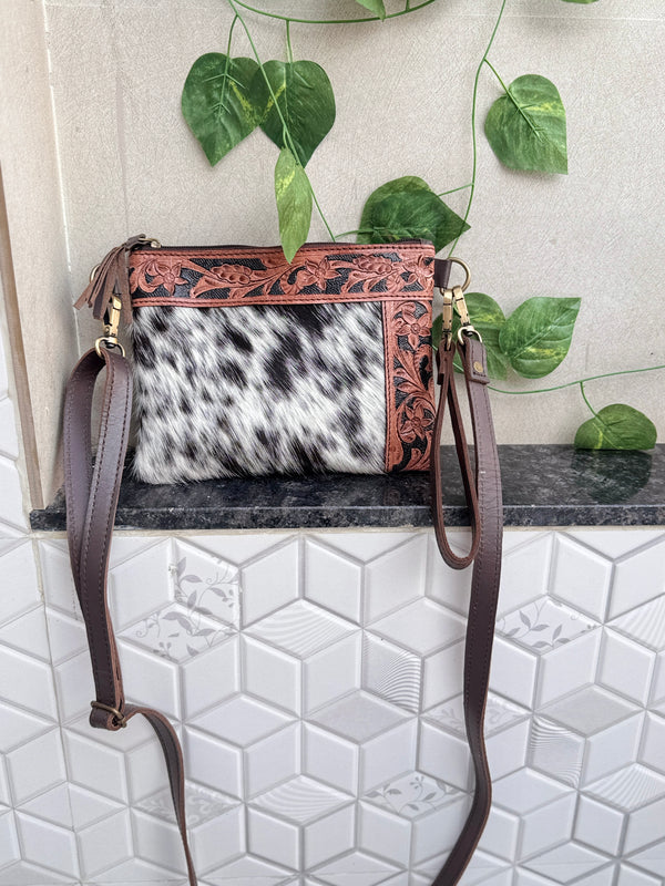 Cowhide Leather Handbag Carving Hand Tooled Leather Tassel Boho Unique Design Sling Bag for Women