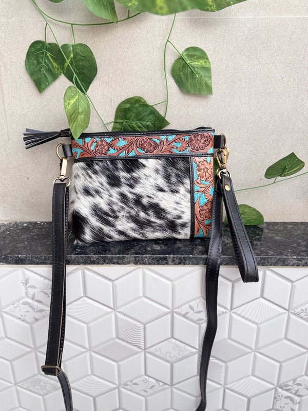 Cowhide Leather Handbag Carving Hand Tooled Leather Tassel Boho Unique Design Sling Bag for Women