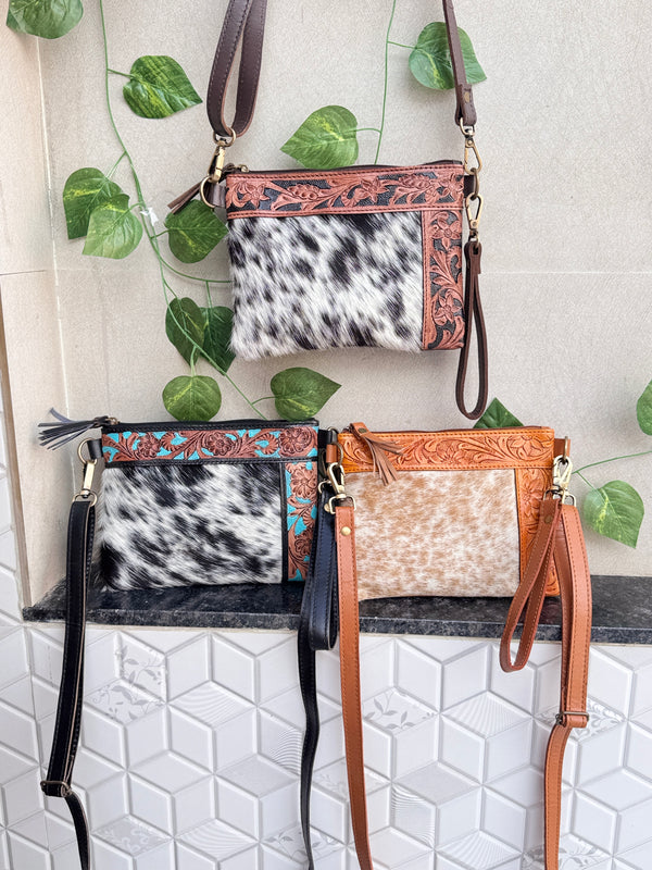 Cowhide Leather Handbag Carving Hand Tooled Leather Tassel Boho Unique Design Sling Bag for Women