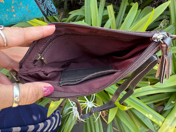 Cowhide Metallic Leather Handbag Carving Hand Tooled Leather Handmade Tassel Boho Sling Bag