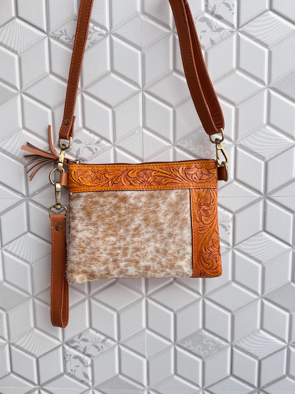 Cowhide Leather Handbag Carving Hand Tooled Leather Tassel Boho Unique Design Sling Bag for Women