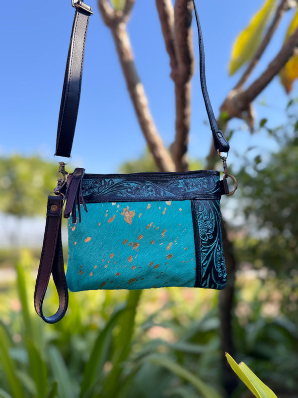 Cowhide Metallic Leather Handbag Carving Hand Tooled Leather Handmade Tassel Boho Sling Bag