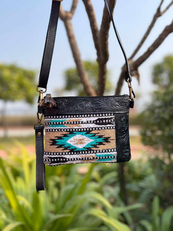 Aztec Saddle Blanket Leather Sling Handbag Hand Tooled Leather Women Use Purse