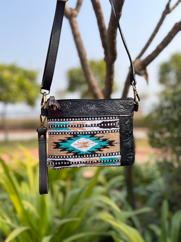 Aztec Saddle Blanket Leather Sling Handbag Hand Tooled Leather Women Use Purse