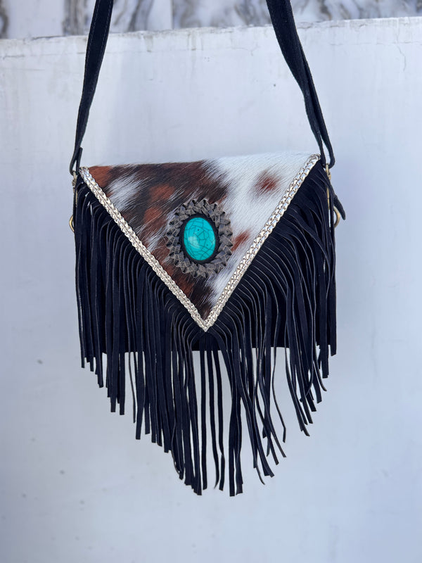Cowhide Fur Leather Fringe Sling Bag Bohemian Turquoise Stone Handbag