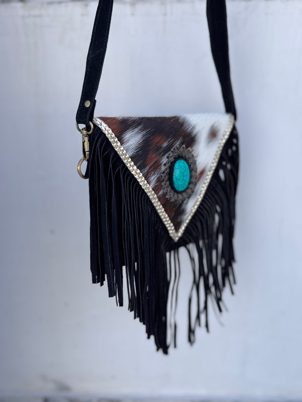 Cowhide Fur Leather Fringe Sling Bag Bohemian Turquoise Stone Handbag