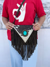 Cowhide Fur Leather Fringe Sling Bag Bohemian Turquoise Stone Handbag
