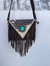 Cowhide Fur Leather Fringe Sling Bag Bohemian Turquoise Stone Handbag
