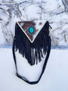 Cowhide Fur Leather Fringe Sling Bag Bohemian Turquoise Stone Handbag