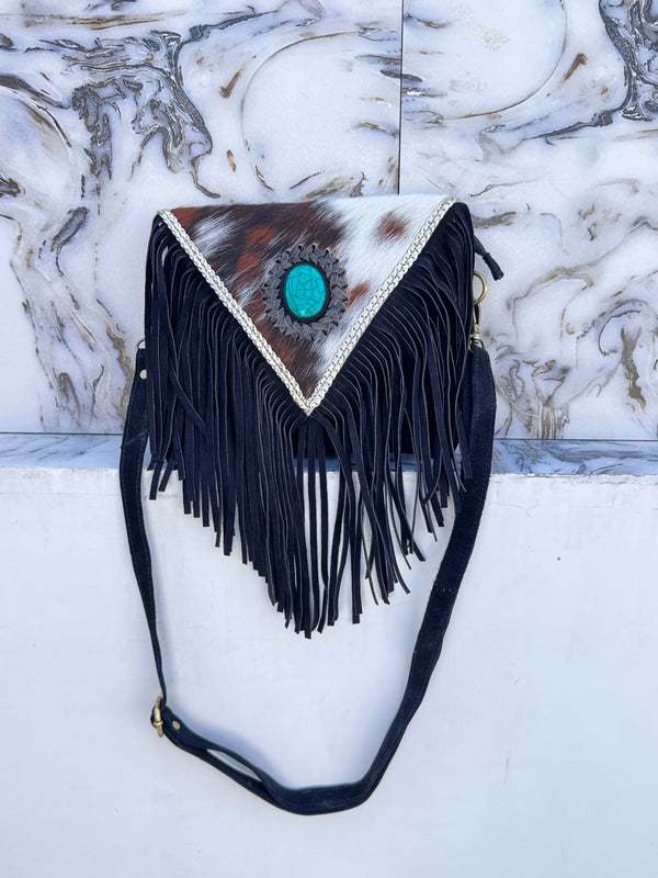 Cowhide Fur Leather Fringe Sling Bag Bohemian Turquoise Stone Handbag