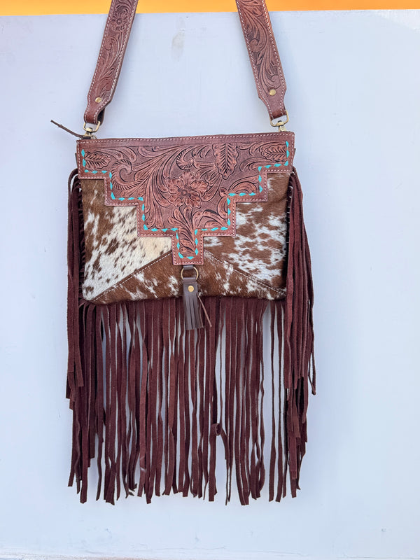Hand Tooled Carving Leather FringeBag Stylish Purse Cowhide Fur Leather Handbags