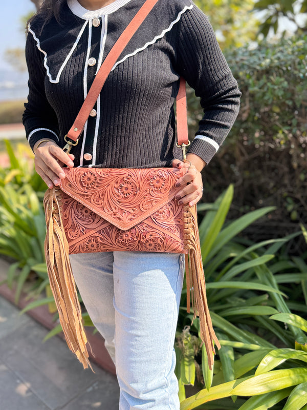 New Arrival Hand Tooled Fringe Handbag Real Leather Handmade Carving Tooling Sling Bag