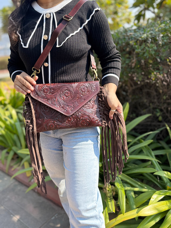 Hand Tooled Leather Fringe Handbag Real Leather Handmade Carving Tooling Sling Bag Stylish Bags for Women
