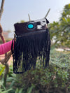 Cowhide Fur Fringe Handbag Suede Leather Turquoise Stone Stylish Sling Bag