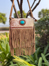 Cowhide Fur Fringe Handbag Suede Leather Turquoise Stone Stylish Sling Bag