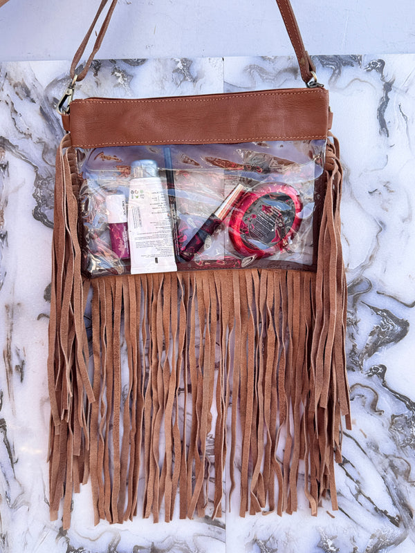 Fringe Transparent Clear Bag Stylish Hand Tooled Carving Leather Purse