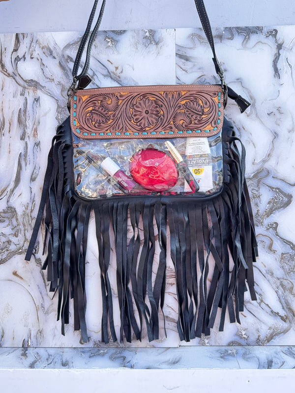 Fringe Transparent Clear Bag Stylish Hand Tooled Carving Leather Purse