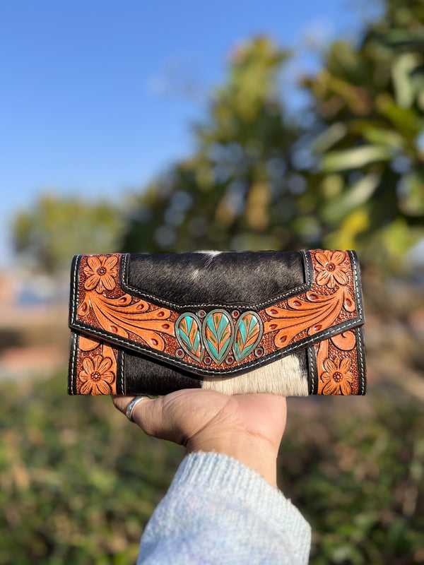 Hand Tooled Carving Leather Wallet Clutch Phone Case Card Stylish Cowhide Fur Wallet