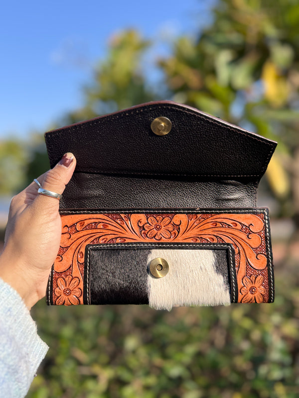 Hand Tooled Carving Leather Wallet Clutch Phone Case Card Stylish Cowhide Fur Wallet