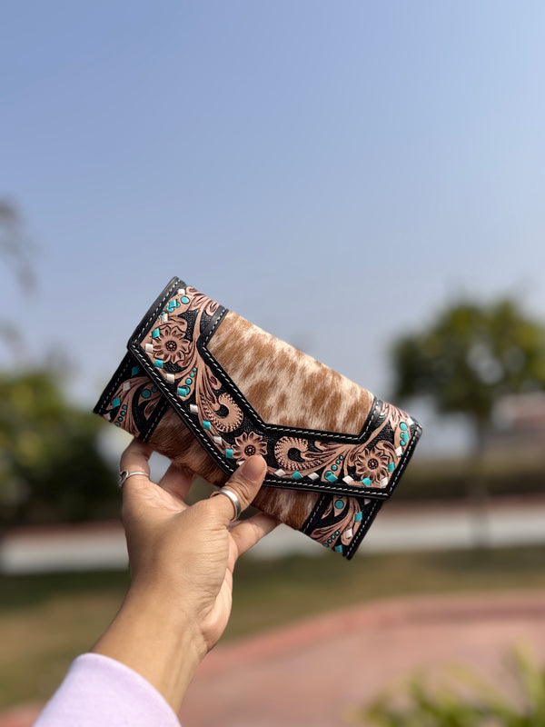Cowhide Fur Clutch Hand Tooled Carving Leather Wallet Multi Uses Western Leather Stylish Wallets for Women's
