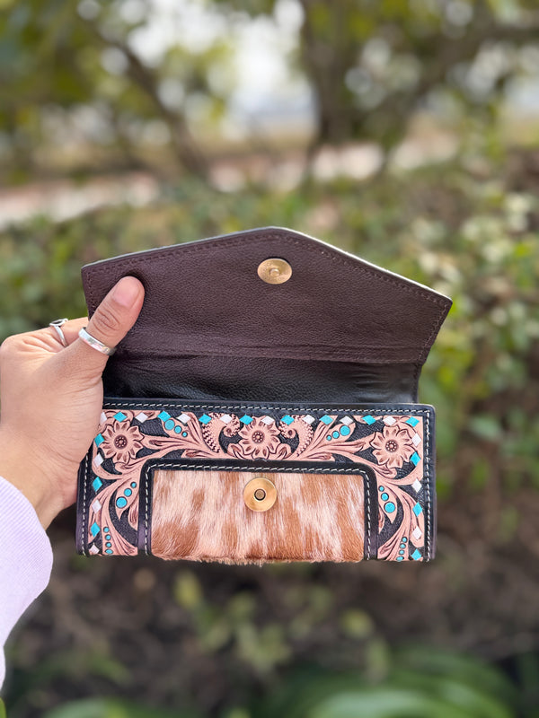Cowhide Fur Clutch Hand Tooled Carving Leather Wallet Multi Uses Western Leather Stylish Wallets for Women's
