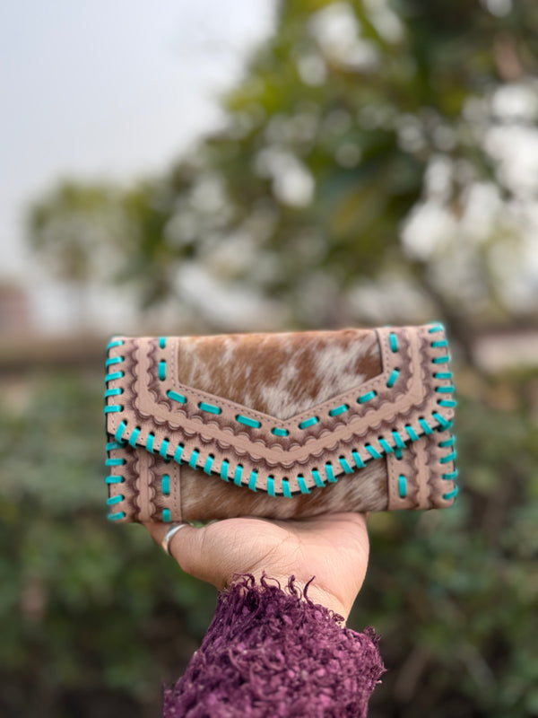 Clutch for Women's Hand Tooled Carving Wallet Clutch Western Stylish Cowhide Fur Wallet